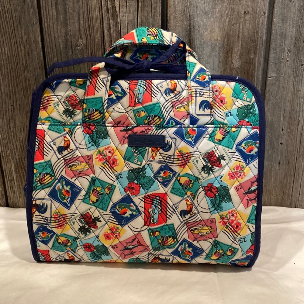 Vera Bradley Multicolor Floral & Stamp Quilted Cosmetic Bag with Navy Trim